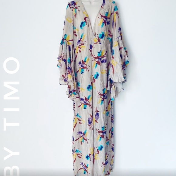 BY TIMO tulip V-neck wide leg jumpsuit floral boho Free People viscose tan - Picture 11 of 13